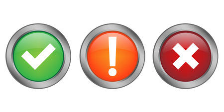 Choice button icon. Approval check symbol. Warning exclamation mark. Vector design.