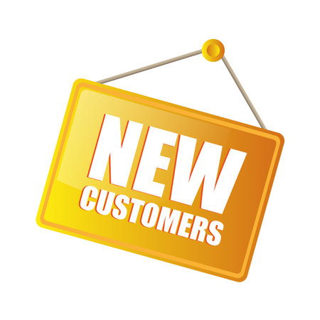 Yellow sign board. Orange gradient texture. New Customers message. Business acquisition symbol. EPS 10.のイラスト素材