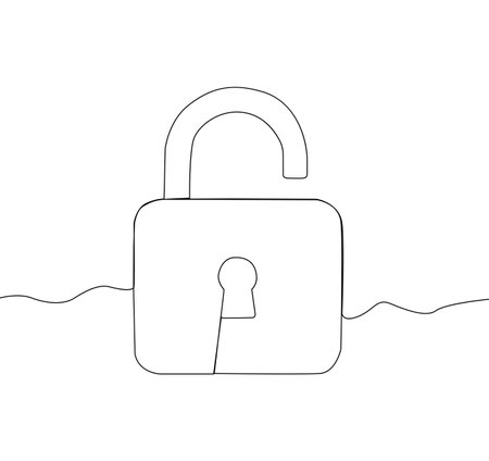 Open padlock drawing. Unlocked access symbol. Simple Vector key sign. Security freedom element. EPS 10.のイラスト素材
