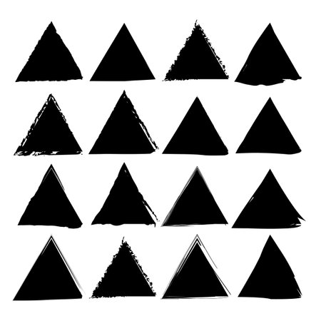 Geometric triangle set. Rough edge icon. Black vector paint. Abstract ink form. EPS 10.のイラスト素材