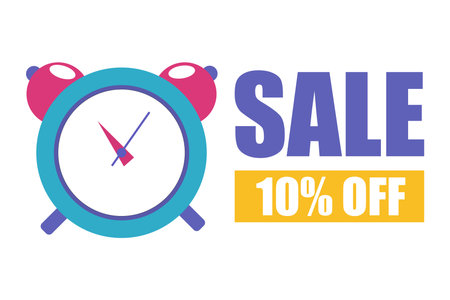 Sale 10 percent banner. Alarm clock Vector emblem. Discount promotion illustration. Limited time offer. EPS 10.のイラスト素材
