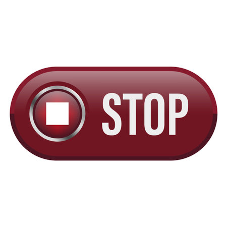 Stop button icon. Red rectangular symbol. Digital control element. Vector glossy shape.