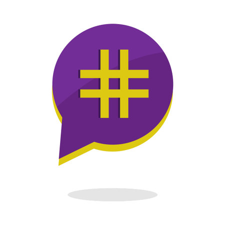 Professional social media icon. Global hashtag chat symbol. Vibrant purple Vector bubble. Successful...