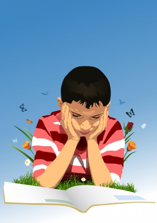 Child in the garden and homework のイラスト素材