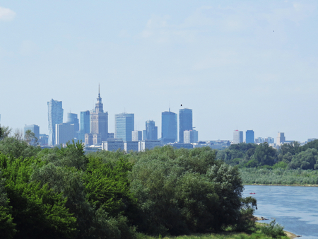 Warsaw Business City Skyscrapers Panorama as Seen from Vistula Riverの写真素材