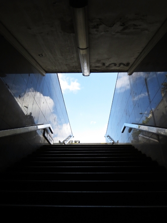 Statue of Saint Wenceslas on Horse Shadow Reflection on a Wall of a Subway Pedestrian Underpassの写真素材