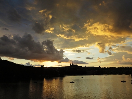 A Beautiful Panorama of Prague Old Historical Castle During Sunset, Hradcany, Czech Republicのeditorial素材