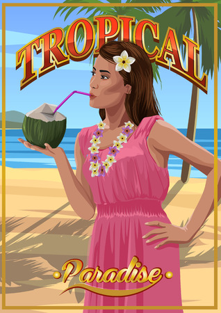 Pretty young woman in pink dress with coconut in hands on a tropical beach.のイラスト素材