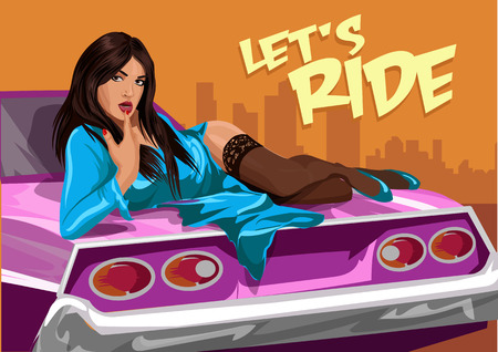 Young sexy woman in blue dress with car.のイラスト素材