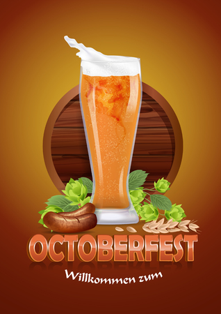 Glass of beer with hops and sausage on a background of drumsのイラスト素材
