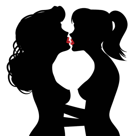 Iridescent silhouettes of two women kissing each other.のイラスト素材