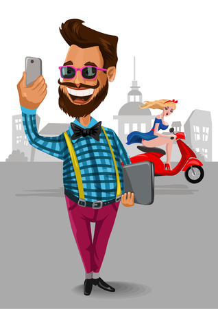 Hipster man  with smartphone phone  make photo of himself  on city backgroundのイラスト素材