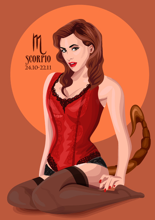Zodiac: Scorpio astrological sign.  Illustration with portrait of a pin up girl.のイラスト素材