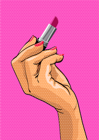 Pop art. Female hand holding lipstickのイラスト素材