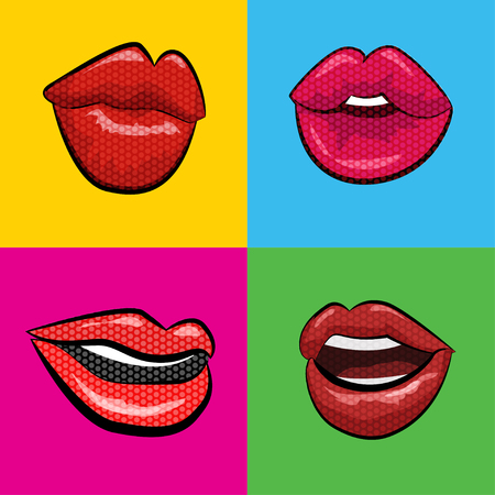 Sexy  red lips with teeth pop art set backgroundsのイラスト素材