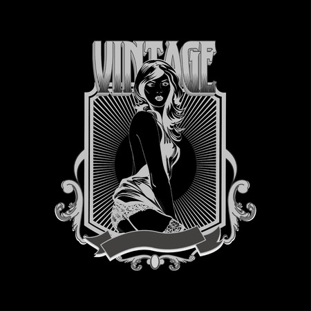 Vintage emblem with  pin up pretty womanのイラスト素材