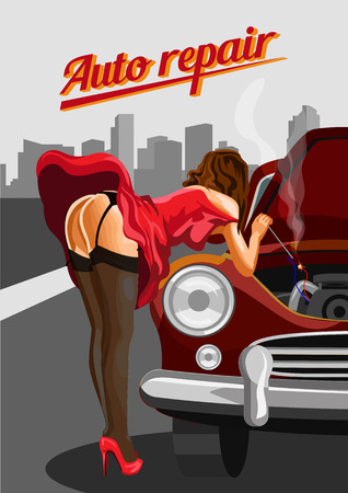 Woman in stockings repairing the red car. Retro style illustrationのイラスト素材