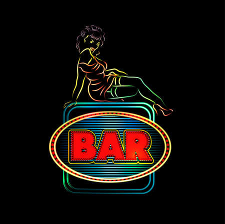 Neon sign bar with neon girl. Vector illustrator.のイラスト素材
