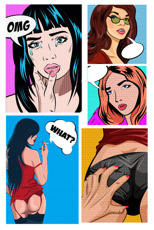 Pop art women set. Illustrations for comic books with retro girlのイラスト素材