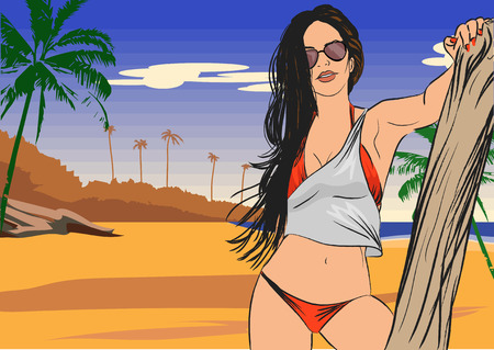 Fashion sexy girl in sketch-style on a beach-background. Vector illustrationのイラスト素材