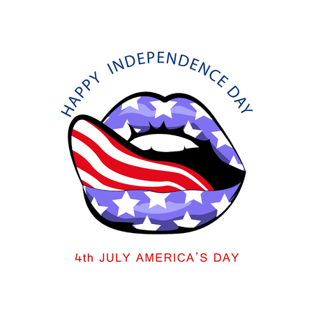 US Flag in sensual lips with tongue. Happy independence day.のイラスト素材