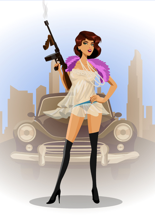 Sexy gangster girl holding thompson machine gun. Standing on a city background in front of a retro car. standing on a city background in front of a retro car.のイラスト素材