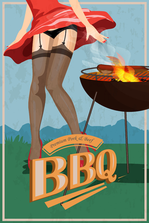 Sexy grilling woman. Pin up woman in stockings cooking BBQ. Funny pin up illustration.のイラスト素材