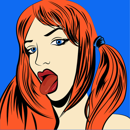 Beautiful red-haired woman showing tongue. Vector illustrationのイラスト素材