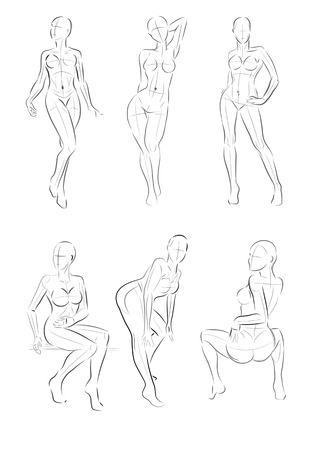 Vector illustration of stylized figures standing naked women. Outline poses female figureのイラスト素材