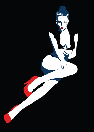 Silhouette of a woman on a black background with long legs and red shoes.のイラスト素材