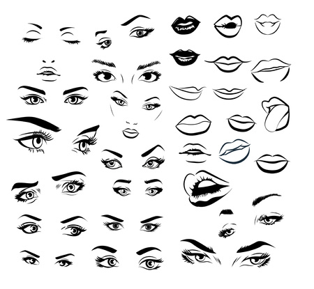 Female woman eyes and lips image collection set. Fashion girl eyes design.のイラスト素材