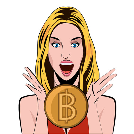 Bitcoin girl emotion of joy bitcoin. Conceptual vector illustrationのイラスト素材