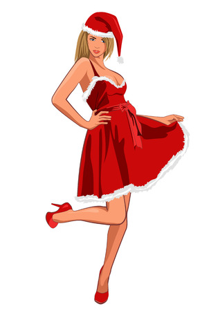 Christmas Pin Up Girl in red gown.のイラスト素材