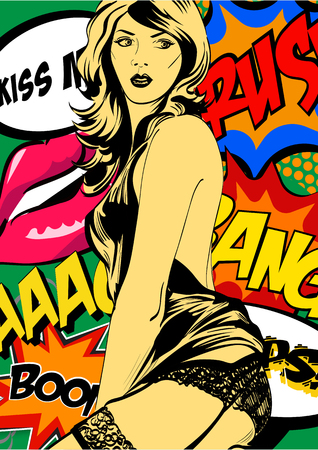 Pop art woman face. Comic woman with speech bubble. Vector illustration.のイラスト素材