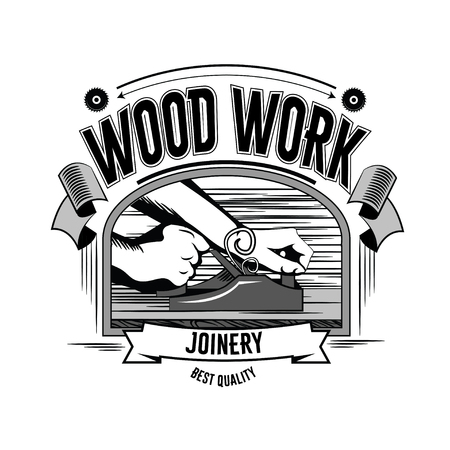 Wood work. Vintage carpentry tools, label and design element.のイラスト素材