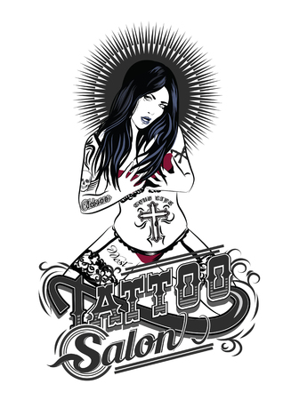 Illustration pour A Vector illustration of a beautiful woman on Tattoo salon label. - image libre de droit