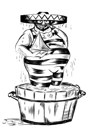 A merry Mexican in a barrel of water and a toy boat in his hand. Sketch vector illustrationのイラスト素材