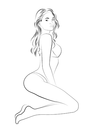 Girl in underwear sticker, black outline sketch line. Vector illustrationのイラスト素材