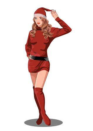 Pretty girl in Christmas costume on white background. Vector illustration.のイラスト素材