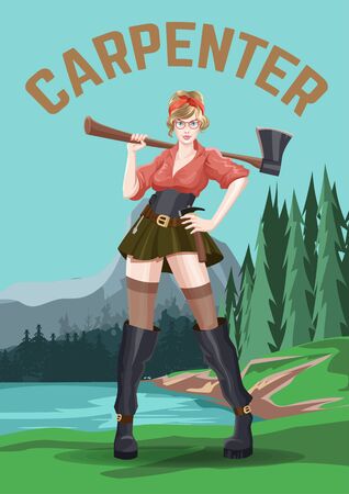 Young sexy girl carpenter with axe in short skirt. Stands forest background.のイラスト素材