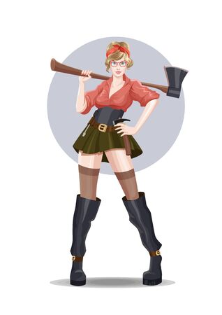 Young sexy girl carpenter with axe in short skirt. Stands on a white background in blue circle.のイラスト素材