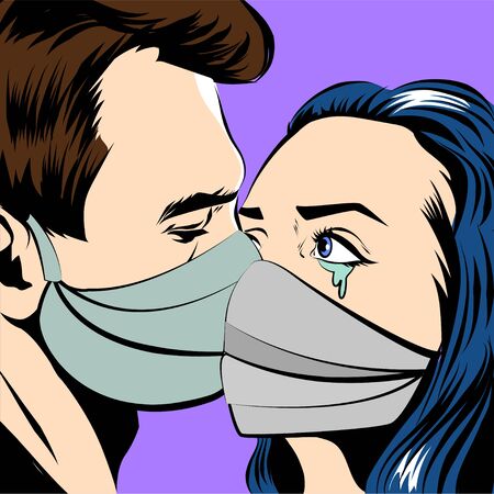 Couple in medical face mask kiss. Pop art style. Vector illustrationのイラスト素材