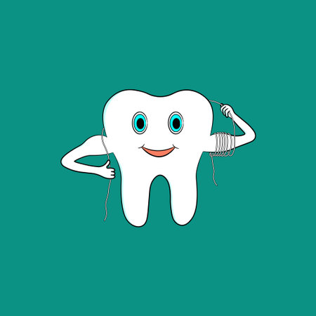 Cartoon tooth uses dental floss