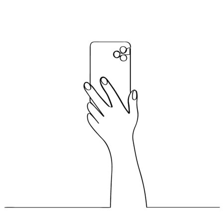 Hand holds phone. Drawn in one continuous line. Isolated stock vector illustration.のイラスト素材