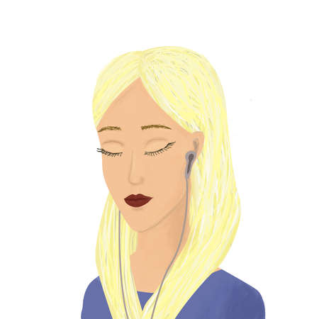 Girl listening to music on headphones. Stock illustration.の写真素材