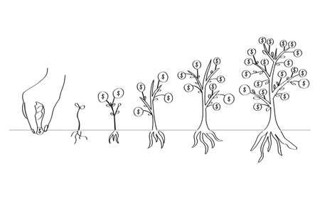 Planting and growing the money tree. Business stages. Line artのイラスト素材