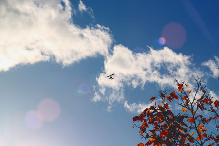 Motorized hang glider flying in the blue  cloudy sky in autumn time