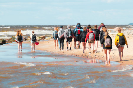 Group of teens hiking on the sandy beach by the sea. Sport lifestyle concept.の写真素材