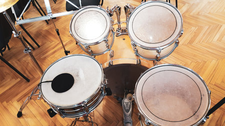 Close up photo of professional drum set musical instruments. Live music and entertainment concept.
