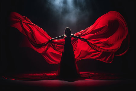 Gorgeous Dance Performance with Flowing Red Fabric, Accentuating the Graceful Silhouette of a Girlの素材
